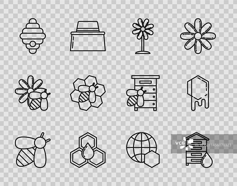 蜜蜂蜂巢、鲜花和蜂窝线条设计图片素材