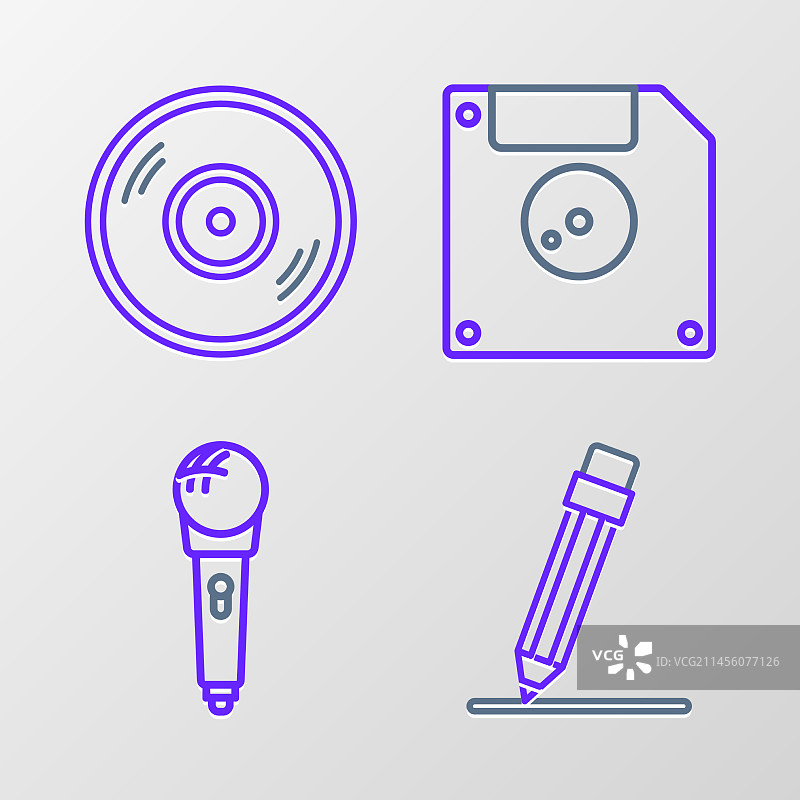 带橡皮铅笔、麦克风、软盘等线条集合图片素材
