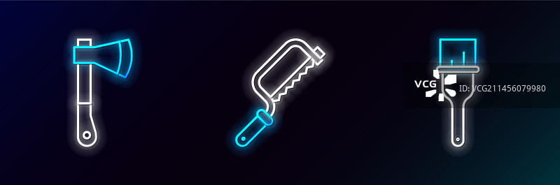 油漆刷、木制斧头和手锯图标线条组合图片素材