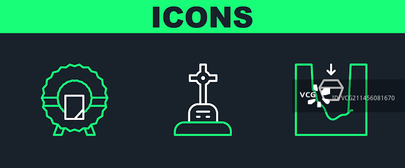 墓地纪念花圈中的棺材线条图片素材