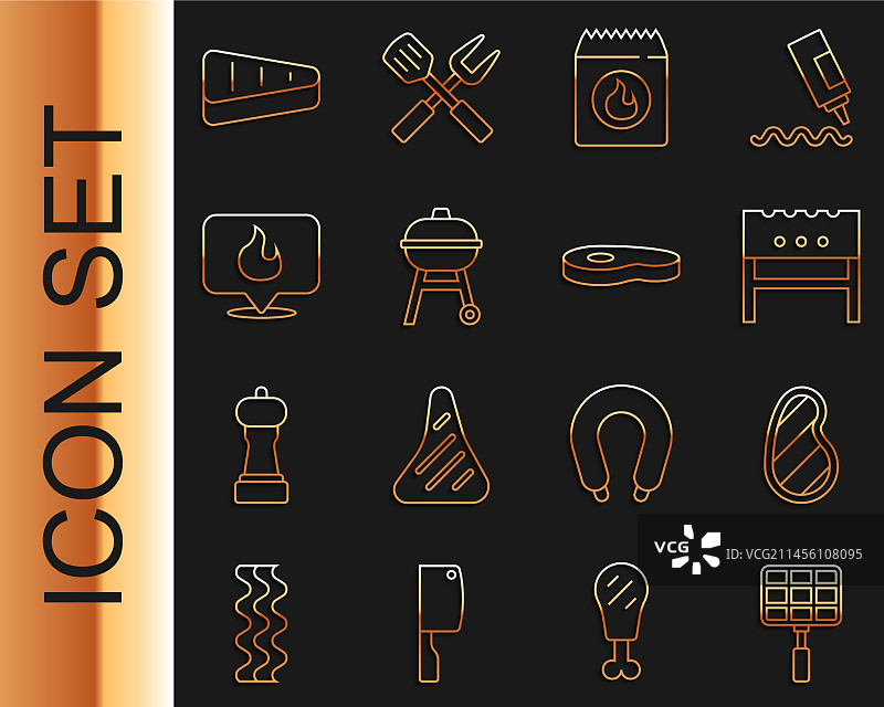烧烤用具线条集：钢格栅、牛排、烤肉图片素材