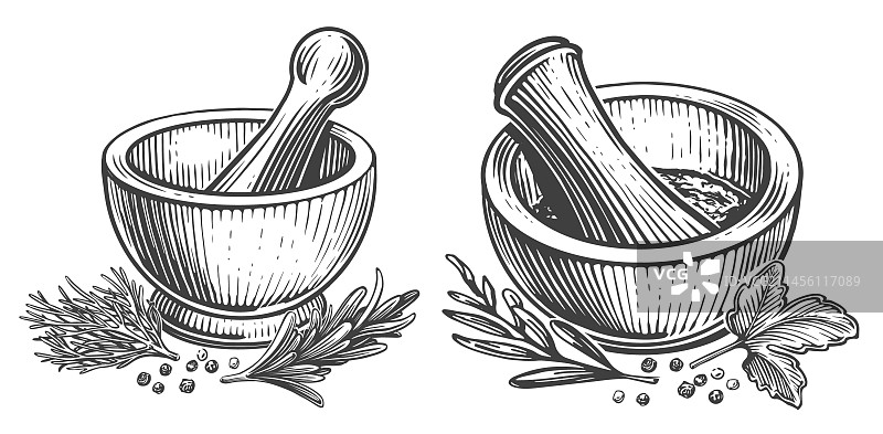 研钵和研杵雕刻风格草药素描图片素材