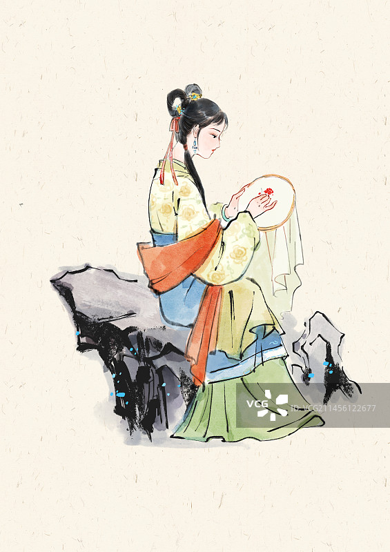 坐在山石上刺绣的古代女性图片素材