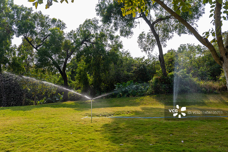 白天公园里的洒水装置在浇灌草地图片素材