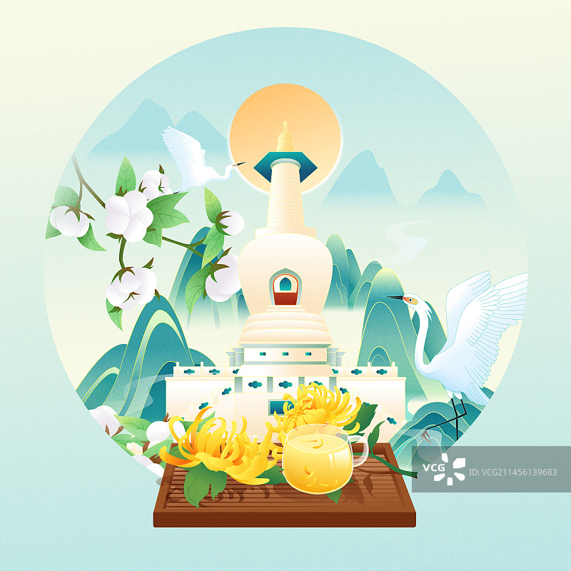 国风节气寒露扬州瘦西湖白塔矢量插画图片素材