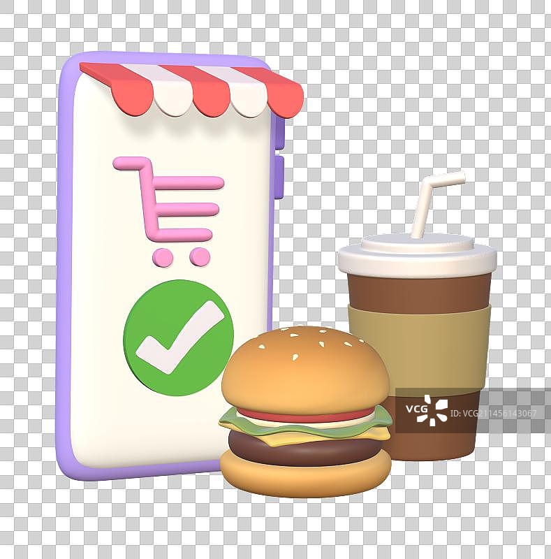 手机下单汉堡与饮料3D插画图片素材