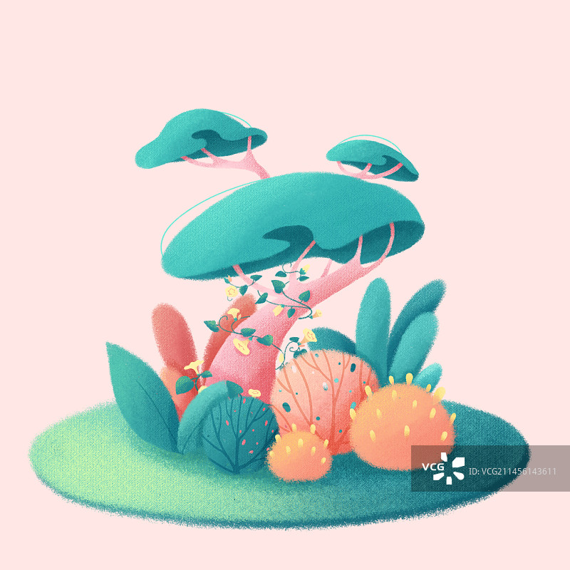清新可爱绿色叶子小森林植物绘本风插画图片素材