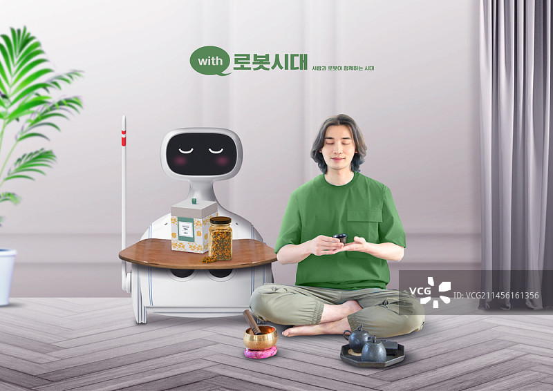 男人与机器人冥想的编辑图像图片素材