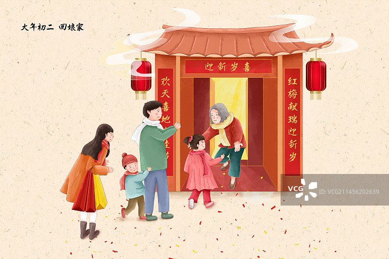 2024传统年俗大年初二 回娘家 夫妻二人携小孩回娘家看望老年父母图片素材