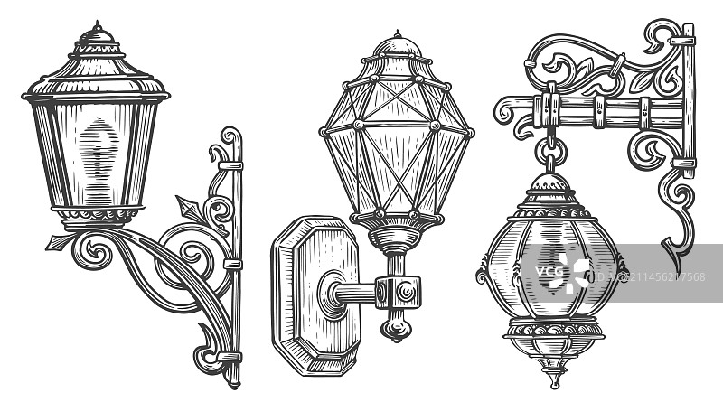 墙壁老式街灯复古灯笼素描图片素材