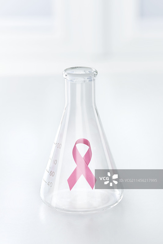 烧瓶中的乳腺癌防治丝带图片素材