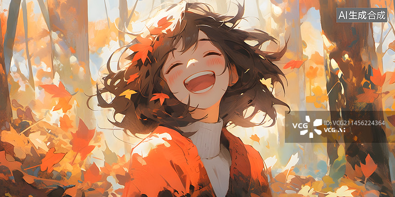 【AI数字艺术】秋天美丽女孩在红枫林中大笑幸福插画图片素材