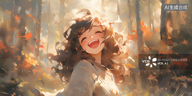 【AI数字艺术】秋天美丽女孩在红枫林中大笑幸福插画图片素材