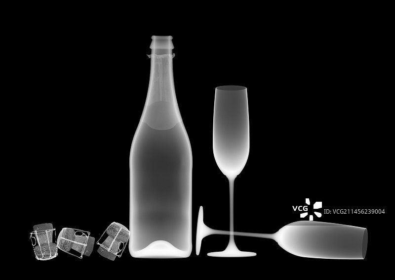 香槟酒瓶、酒杯和软木塞X光片图片素材