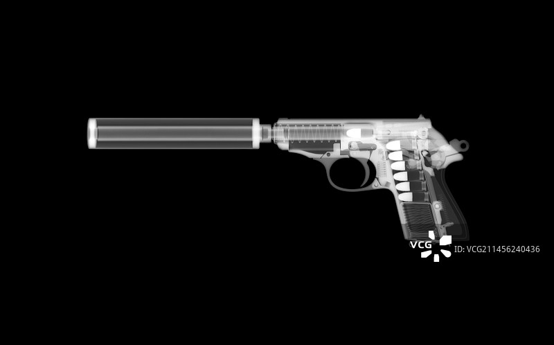 带消音器的瓦尔特PPK枪的X光片图片素材