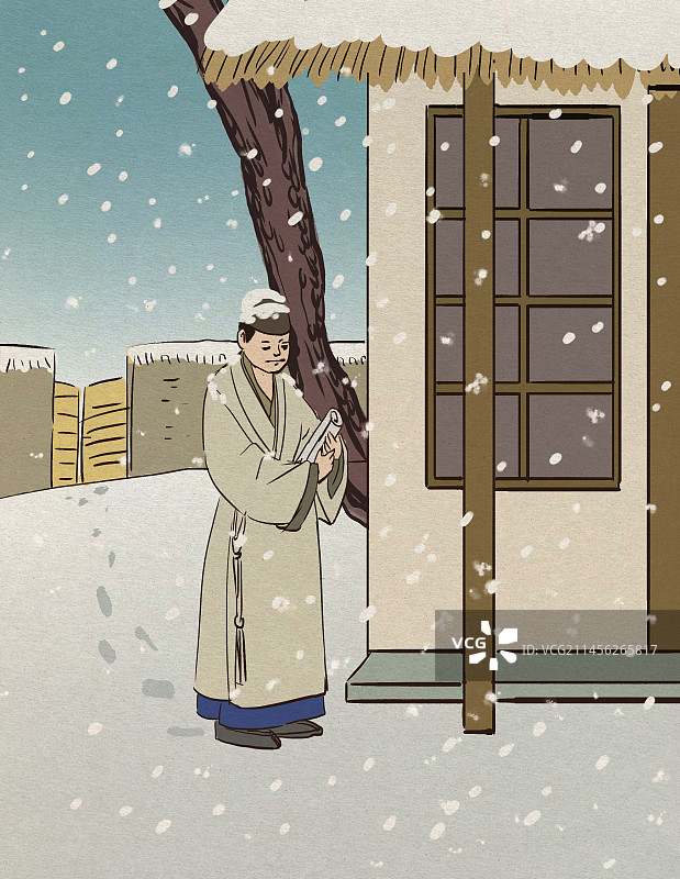 中国风新中式古风古典古代古时候古人古装古文化传统历史成语故事程门立雪人物典故插画图片素材