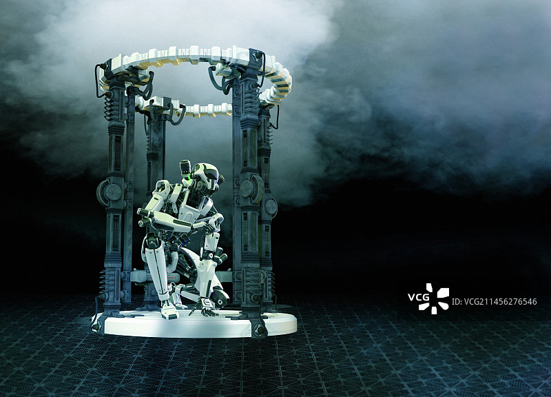 宇宙飞船上的未来宇航员机器人插画图片素材