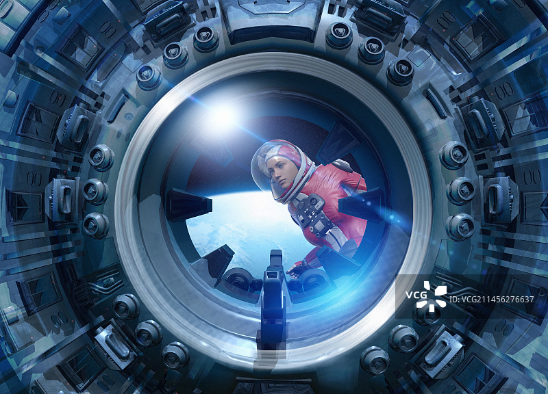宇航员望向宇宙飞船的窗外，插画图片素材