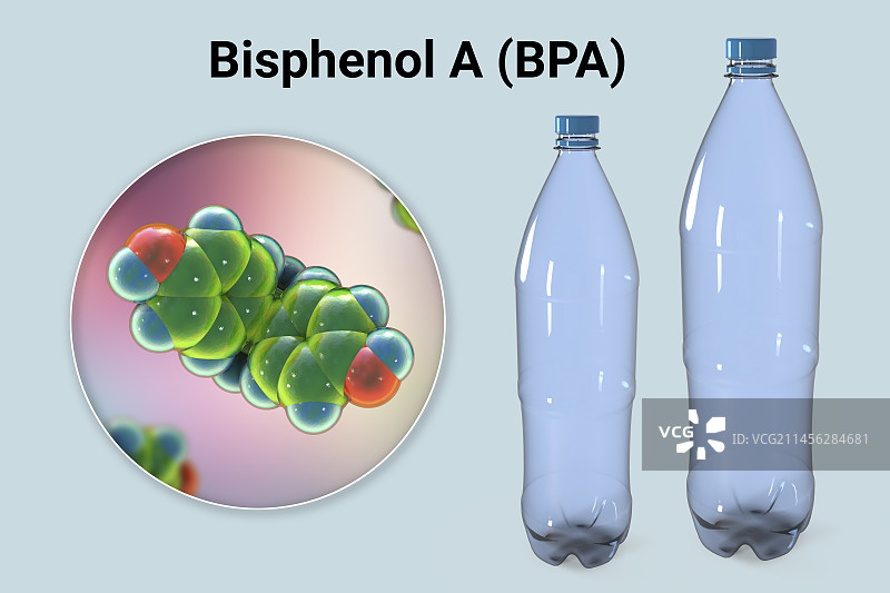 双酚A分子和塑料瓶，图示图片素材