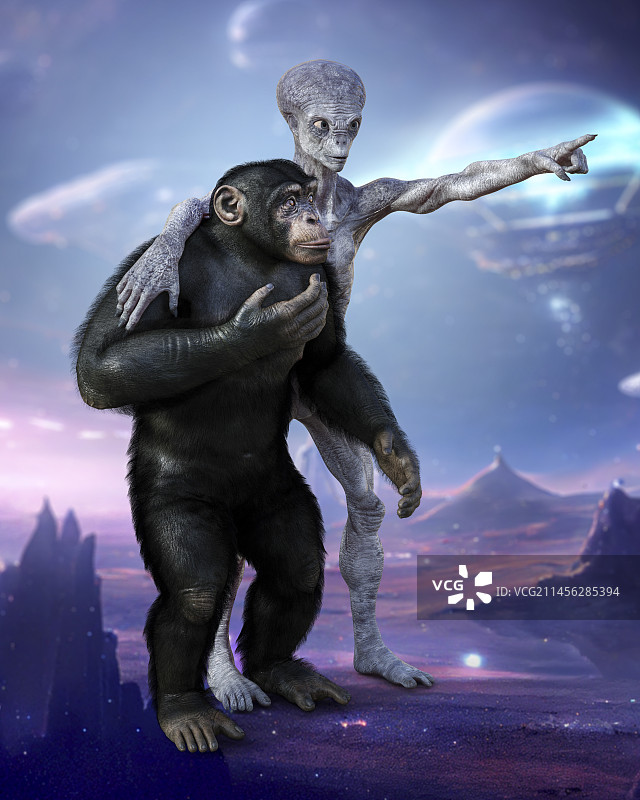 外星人和黑猩猩插画图片素材