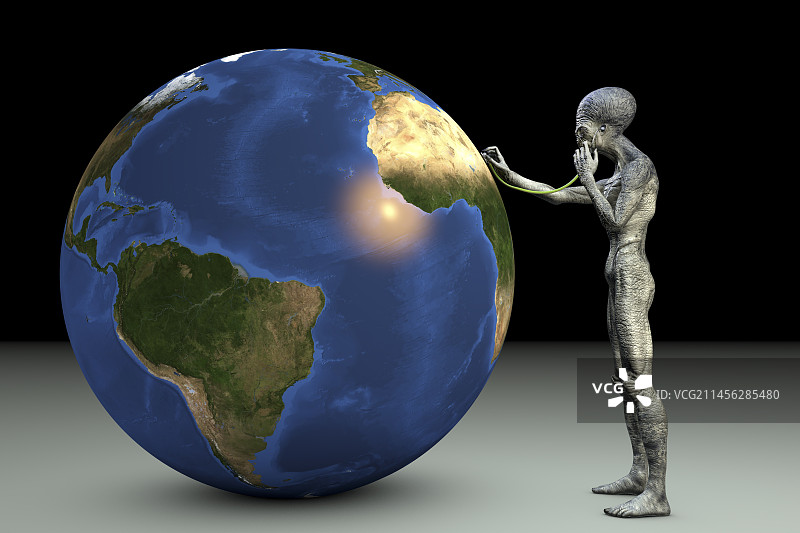 外星人使用听诊器听地球插画图片素材