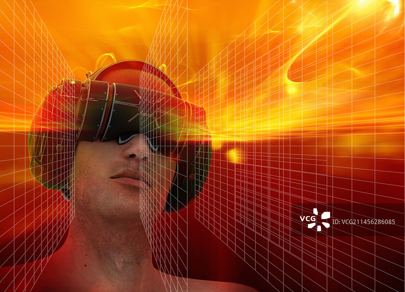 戴着VR头显的男人，插画图片素材