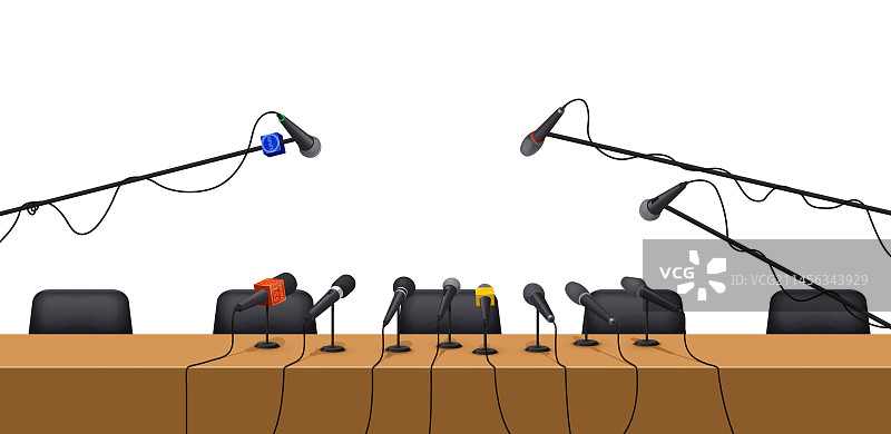 带有麦克风的新闻发布会桌子内景图片素材
