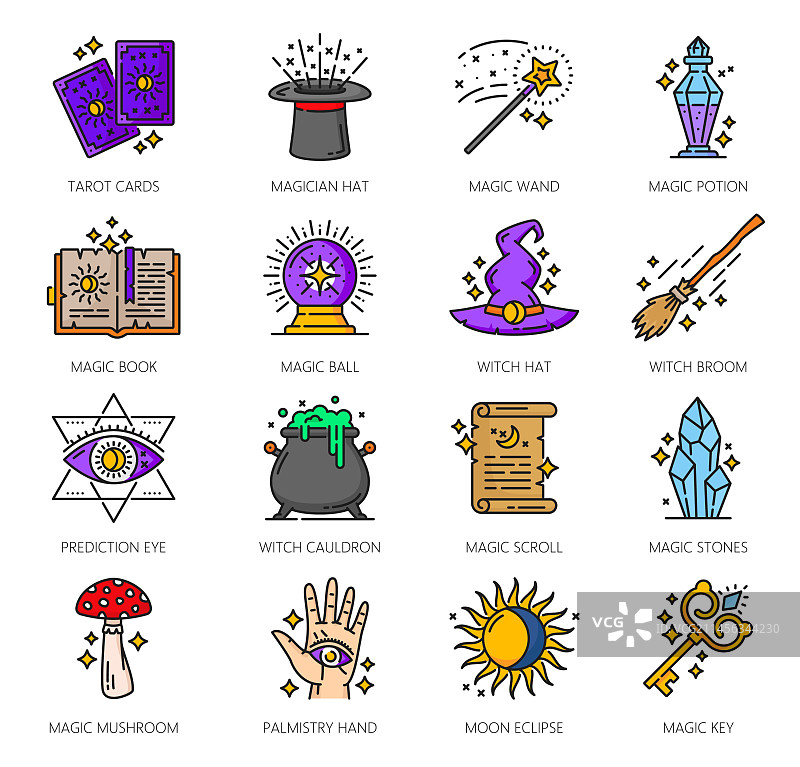 彩色巫术魔法细线图标图片素材