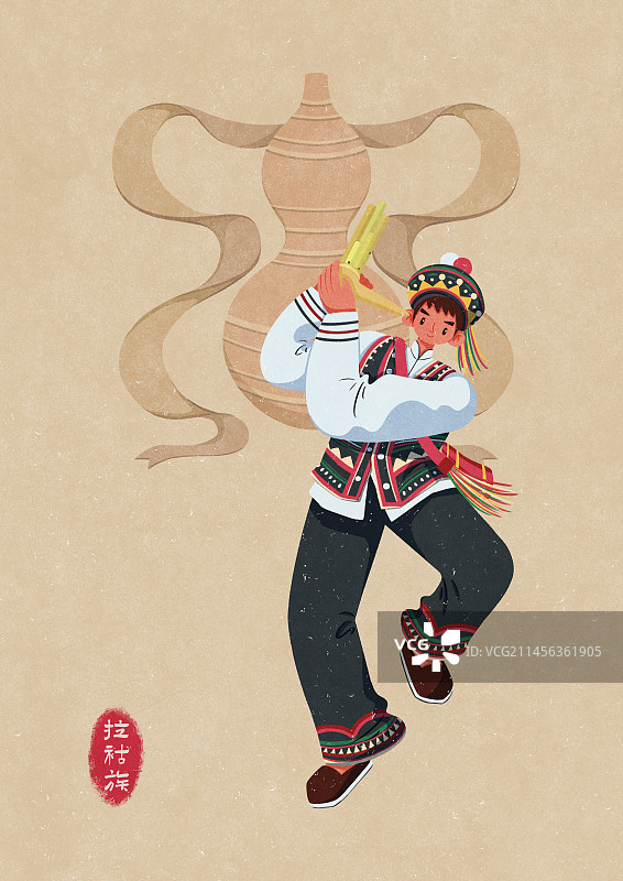 拉祜族图腾下吹葫芦笙的男性图片素材