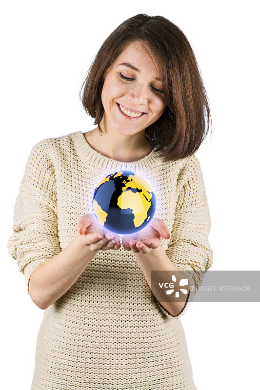 手捧地球的年轻女子图片素材