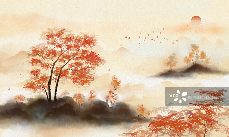 秋天，枫树，水墨山水画图片素材