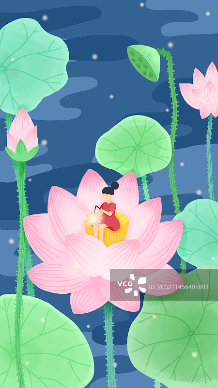 夏天女孩放荷花灯图片素材