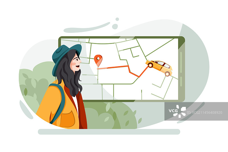 女人从数字地图上查找出租车路线图片素材