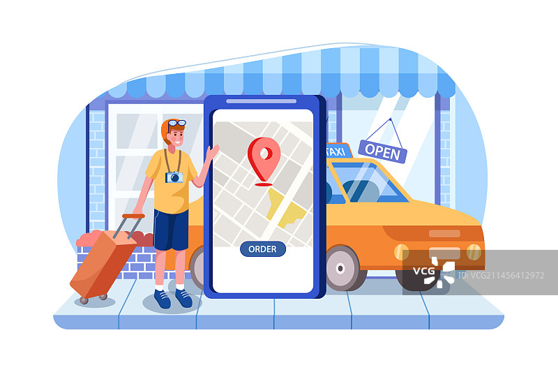 游客拉着行李箱使用手机叫车图片素材