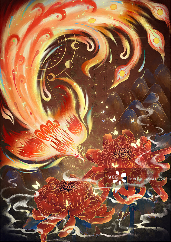 古风凤凰与菊花插画图片素材