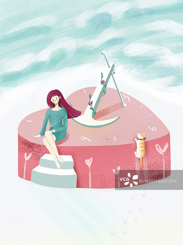 大海边的女孩和猫爱心扁平风手绘插画图片素材