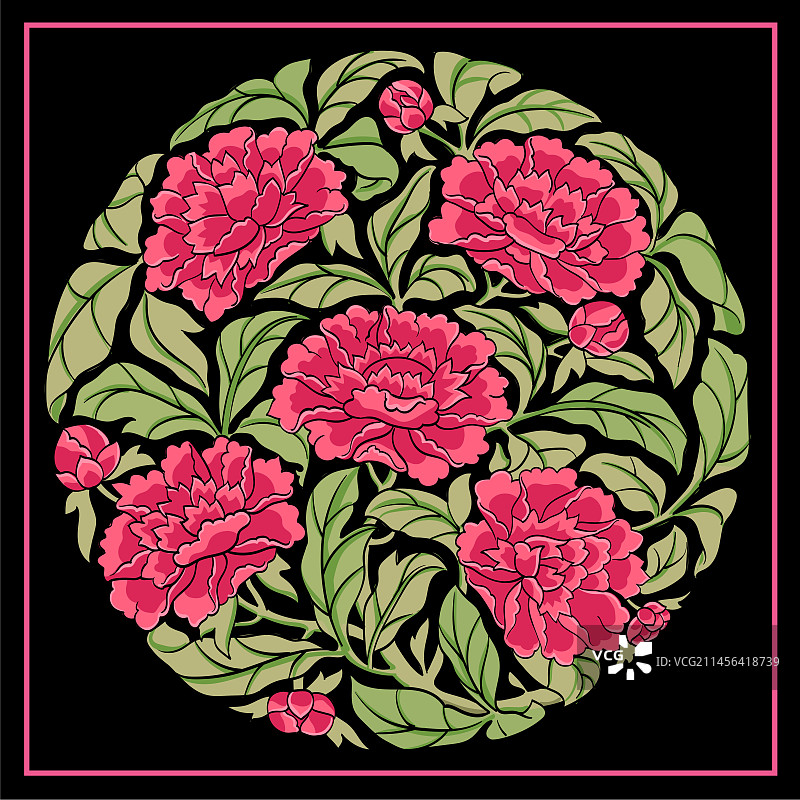 牡丹花多团圆纹样插画图片素材