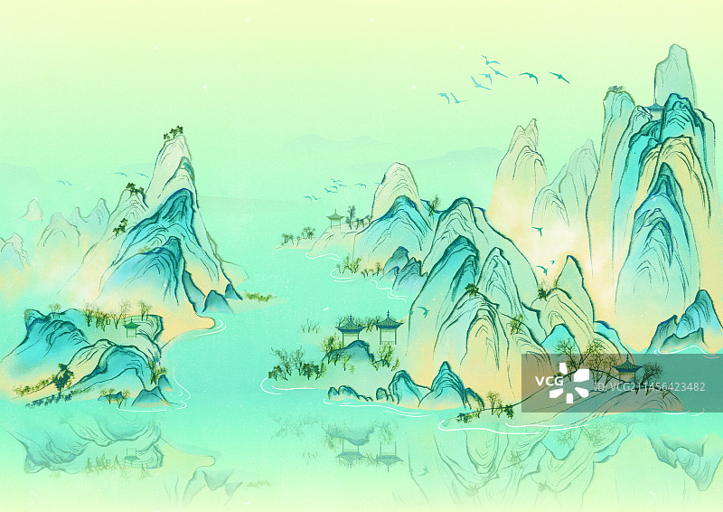 古风千里江山图插画图片素材