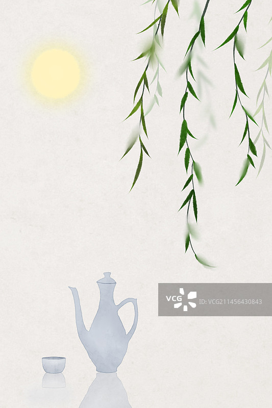 月上柳梢头中式插画图片素材