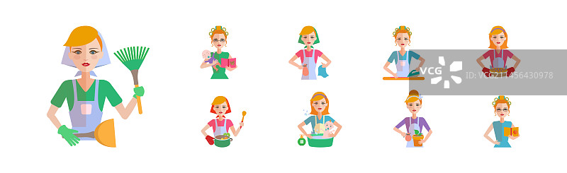 家庭主妇图标，展示女性做家务图片素材