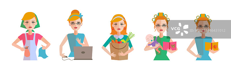 家庭主妇图标，展示女性做家务图片素材