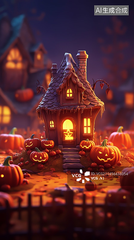 【AI数字艺术】万圣节夜晚的房屋南瓜图片素材