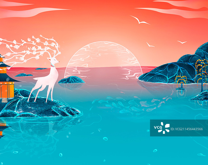 一只鹿王站在大海中的石头上望向远方图片素材