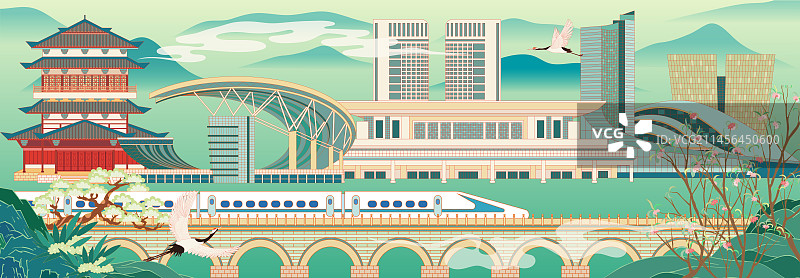 国风地标系列—国潮风合肥城市地标建筑群矢量插画图片素材