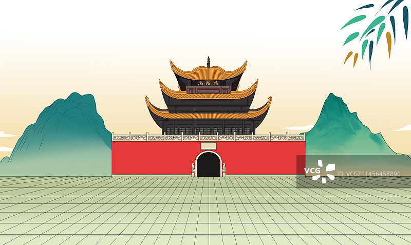 中国风新中式古风古典传统文化古建筑亭台楼阁湖南长沙岳阳楼风景山川地理环境插画图片素材
