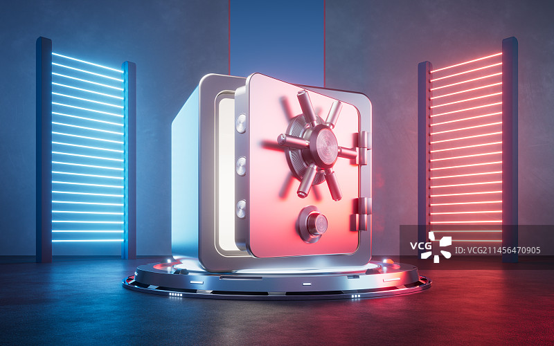 保险箱与科幻灯光场景3D渲染图片素材