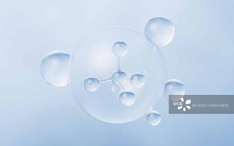 透明分子与蓝色背景3D渲染图片素材