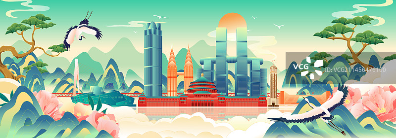 国风城市重庆地标建筑彩色矢量插画海报图片素材