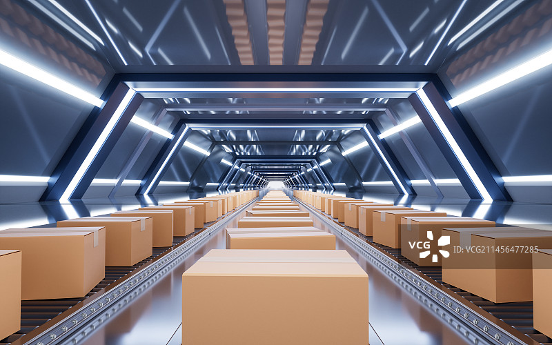 包装箱与流水线工厂3D渲染图片素材