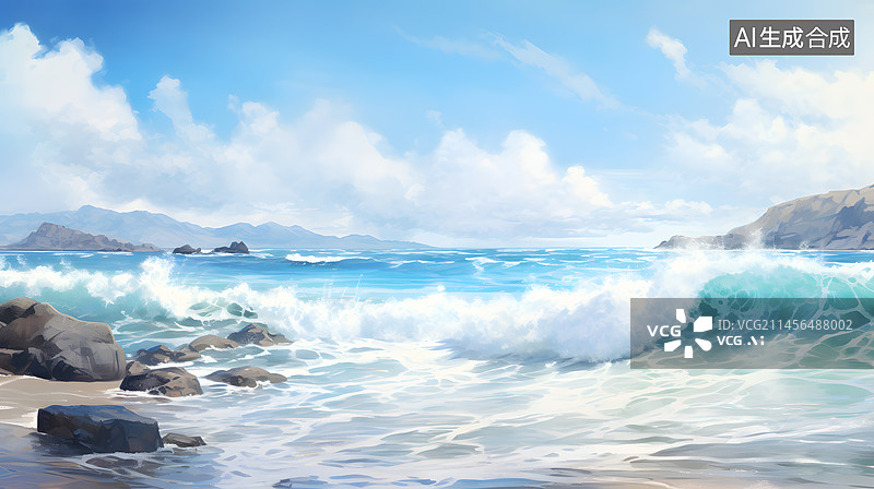 【AI数字艺术】AIGC:海浪冲击海岸线上的礁石 插画 背景图片素材